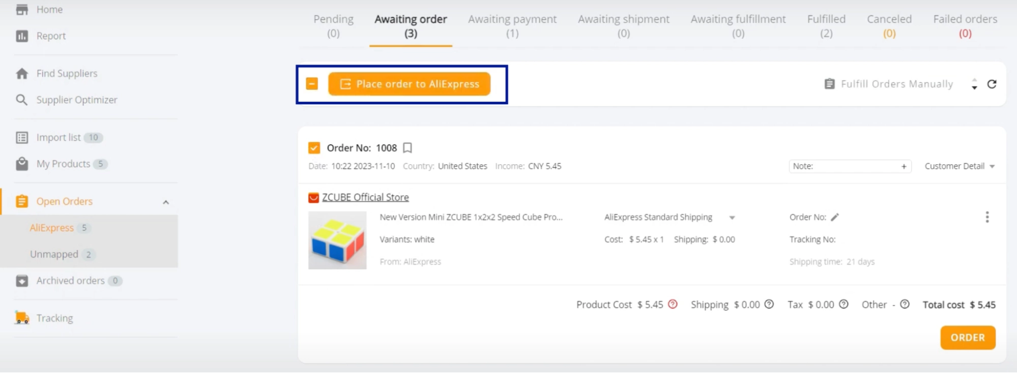 Then click the Place order to AliExpress button